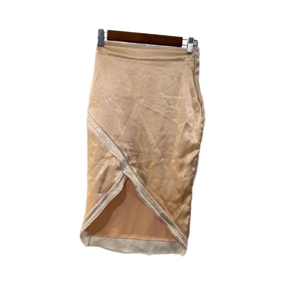 PrettyLittleThing Asymmetrical Satin Midi Skirt Womens 2 Peach Wrap Front